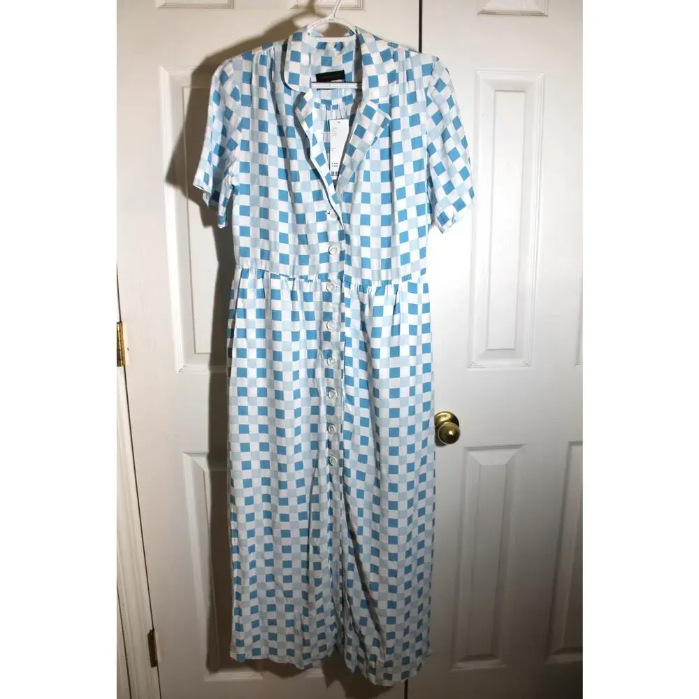 Urban Outfitters Mila Blue Check Midi Shirt Dress sz L NEW - Picture 2 of 4